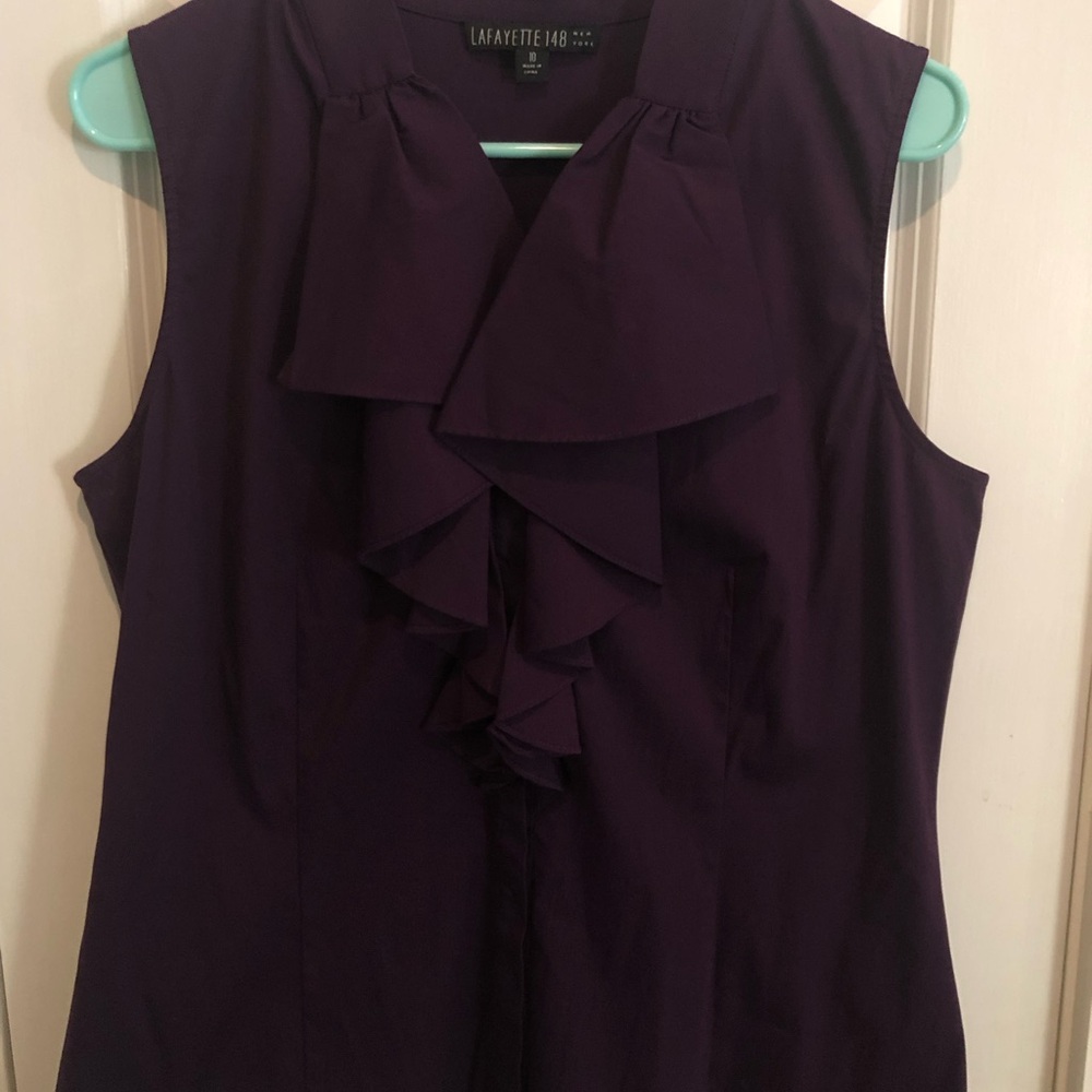 Lafayette 148 New York Deep Purple Sleeveless Ruffle Front Blouse
